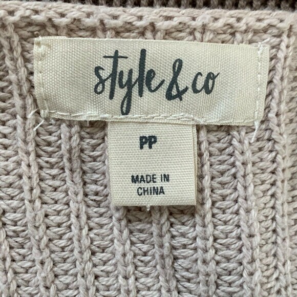 Style & Co Knit Long Sweater Women Petite Small Mixed Stitch Beige Olive Hi-low - Picture 7 of 8
